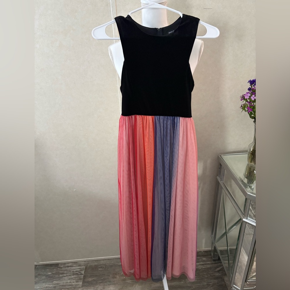 Girls' Black Velvet Top Multi-Color Tulle Panel Dress
